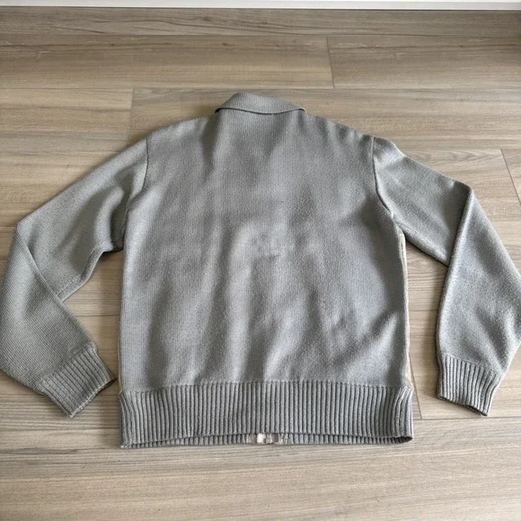 Vintage Saxony Men's Gray Acrylic‎ & Leather Sweater Jacket L Made Hong Kong